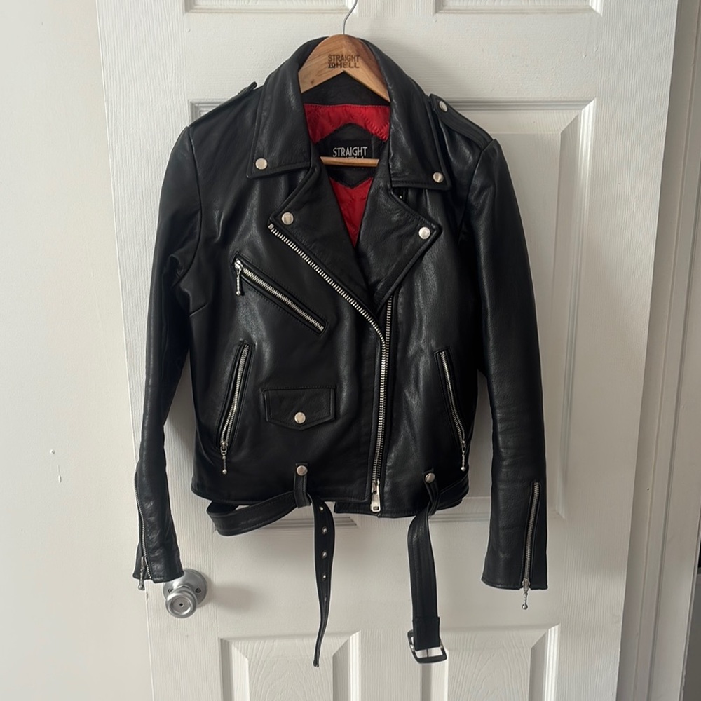 Straight to Hell Black Leather motorcycle Jacket with Lapel Collars and Belt